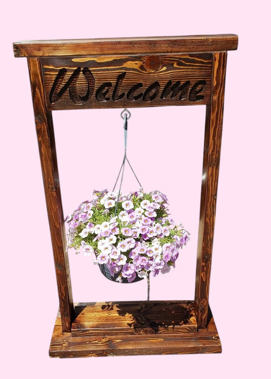 Front porch mum hanging welcome sign