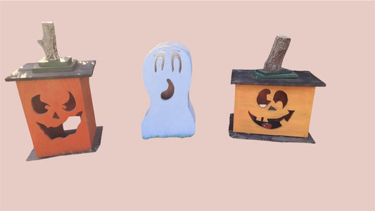 Outdoor tea light pumpkins and ghost set